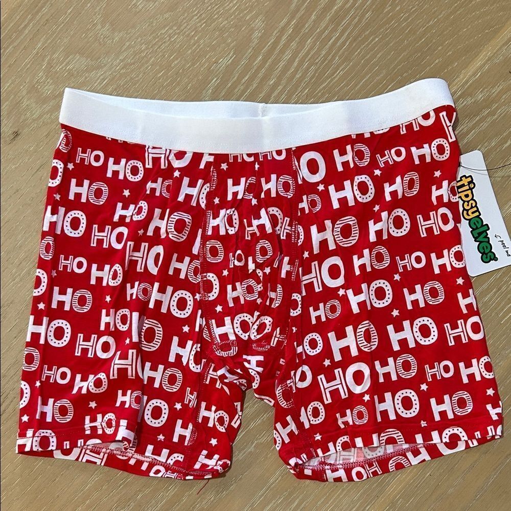 Tipsyelves MEN'S HO HO HO BOXER BRIEFS, Holiday Red/White, Size Large, NWT
